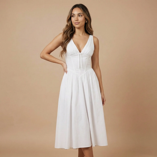 White sleeveless corset midi dress with V-neckline and full skirt