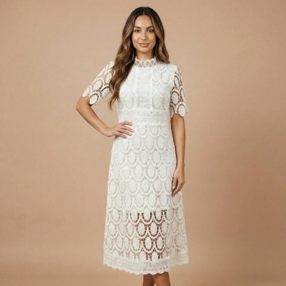 Ivory scalloped lace midi dress with mock neck and flowing scalloped hem for women