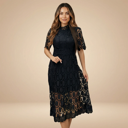 Black scalloped lace midi dress with mock neck featuring delicate lace detailing for women