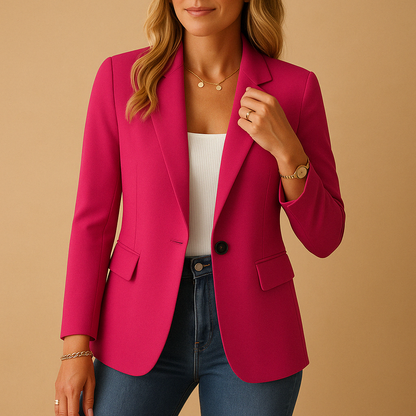 pink notched collar blazer with single button closure and patch pocket detail