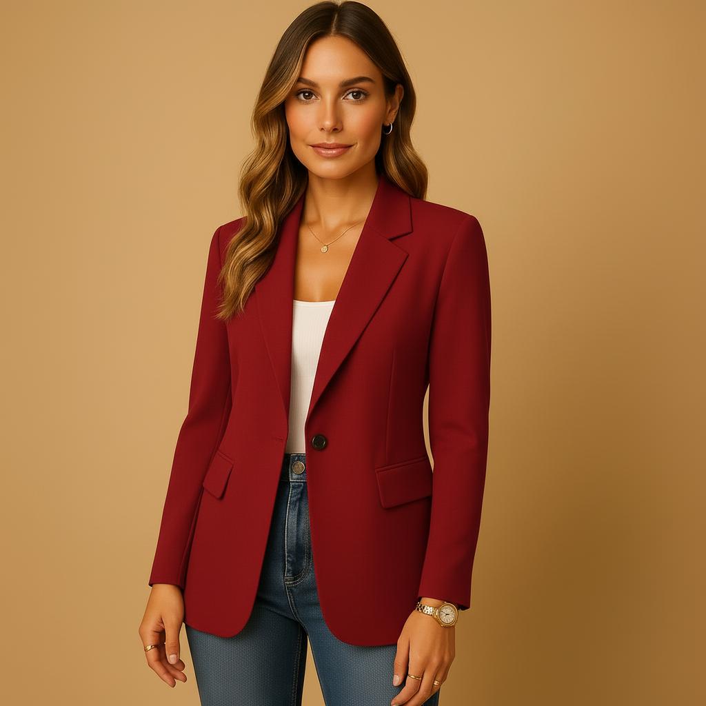 Burgundy notched blazer with single button front and tailored fit silhouette
