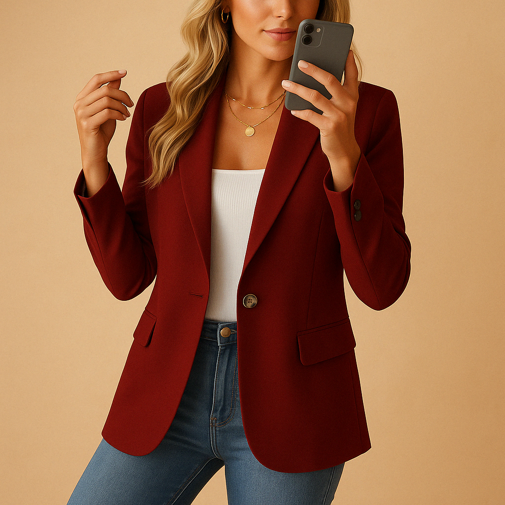 Burgundy notched single button blazer styled with white top and denim jeans