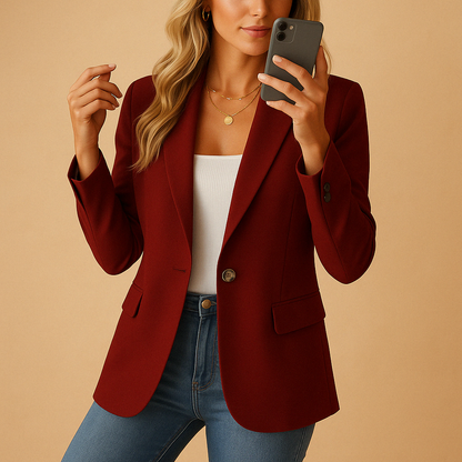 Burgundy notched single button blazer styled with white top and denim jeans