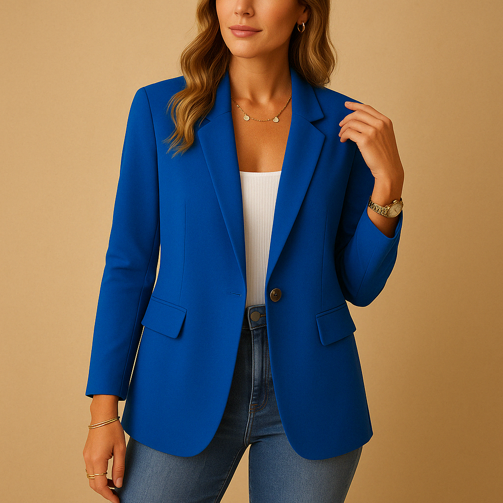 Royal blue notched collar blazer with single button and tailored fit design