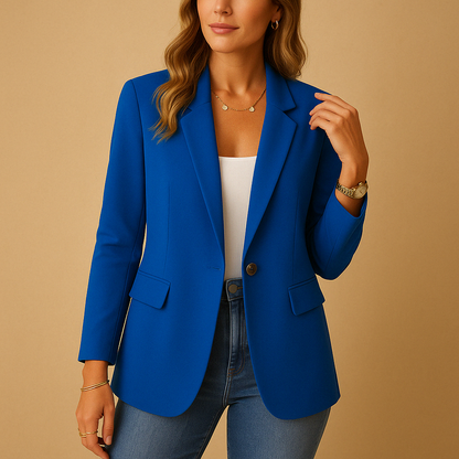 Royal blue notched collar blazer with single button and tailored fit design