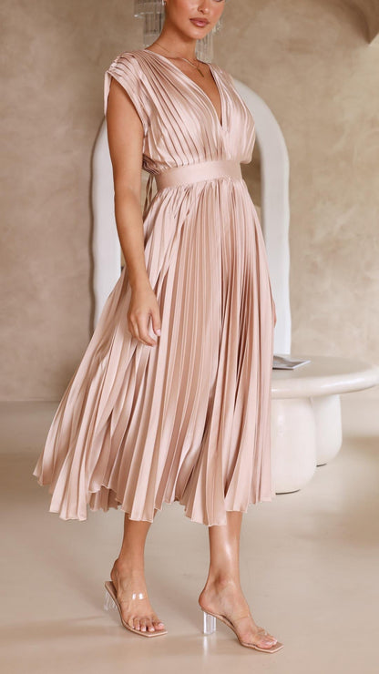 Blush pink pleated midi dress with V-neckline and cinched waist
