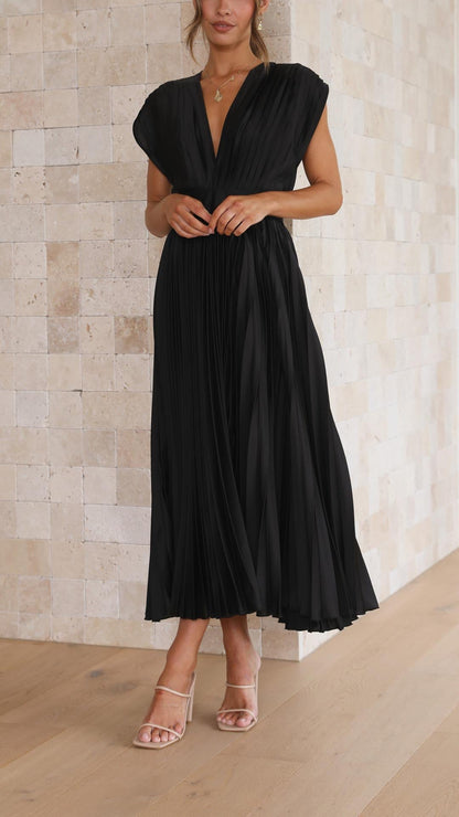 Black pleated midi dress with deep V-neck and cap sleeves