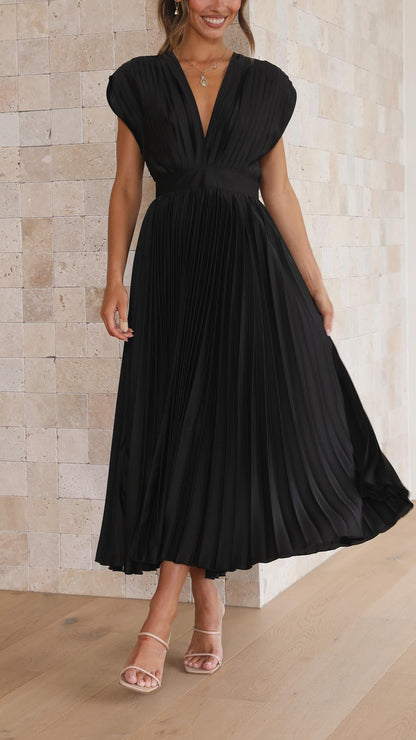 Black pleated midi dress full length front view with V-neckline
