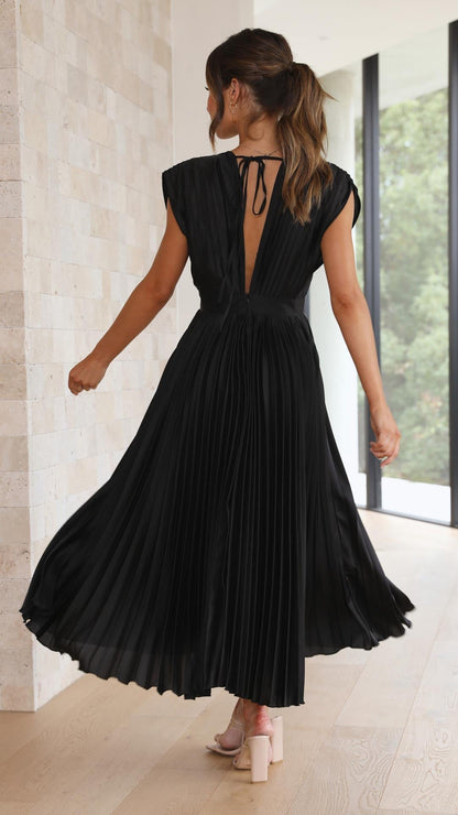 Sage green pleated midi dress with V-neck and cap sleeves