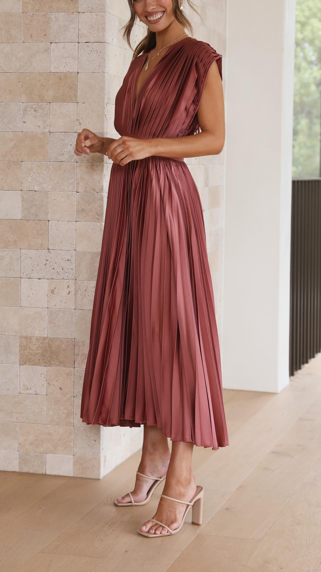 Mauve pleated midi dress front view with gathered bodice