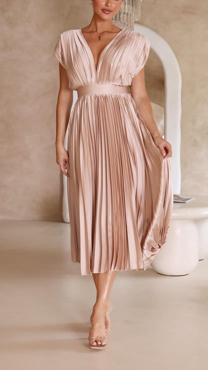 Blush pink pleated midi dress with V-neckline and cap sleeves
