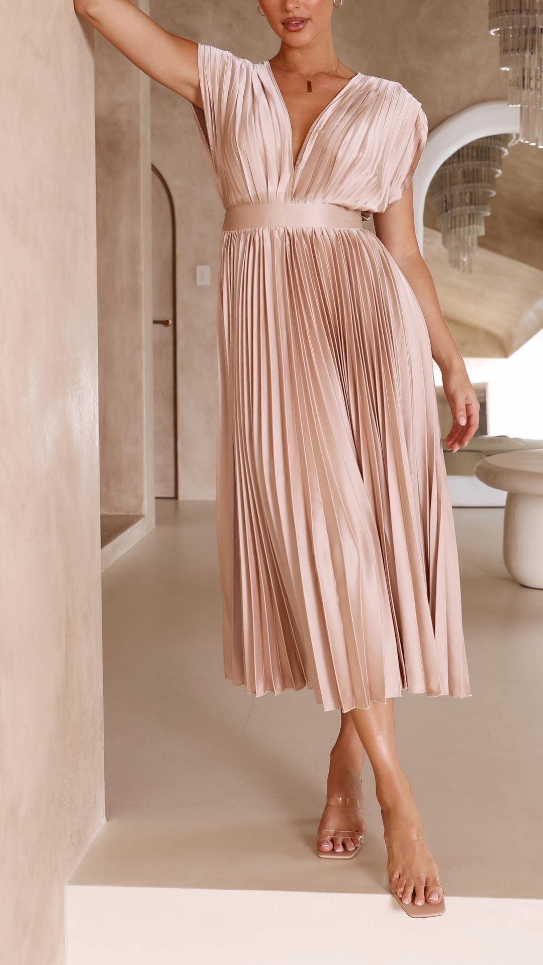 Blush pink pleated midi dress with gathered V-neck bodice