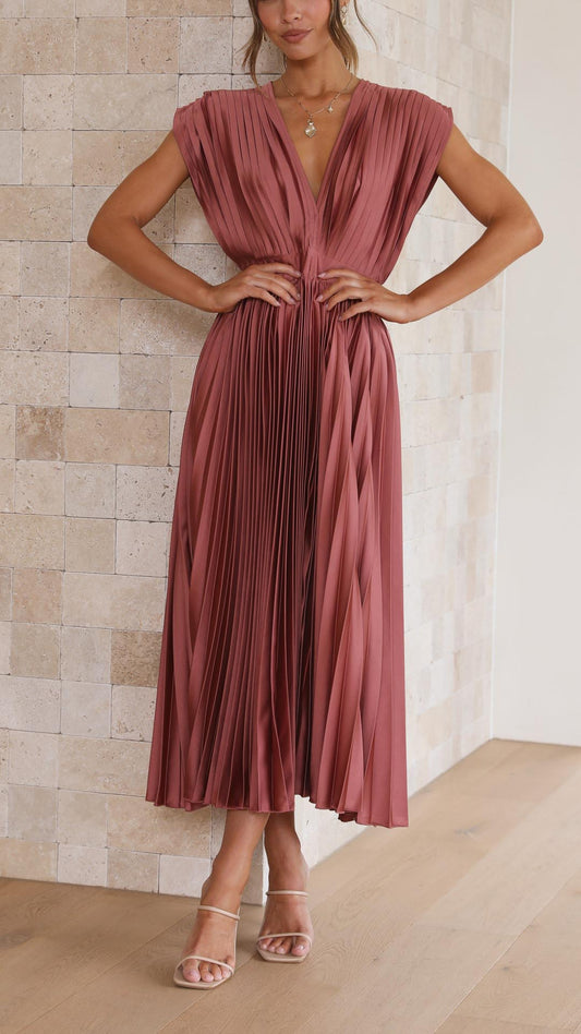 Mauve pleated midi dress with deep V-neckline and cinched waist