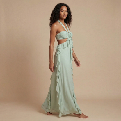 Sage green halter tie maxi dress with cascading side ruffles and cutout waist for women