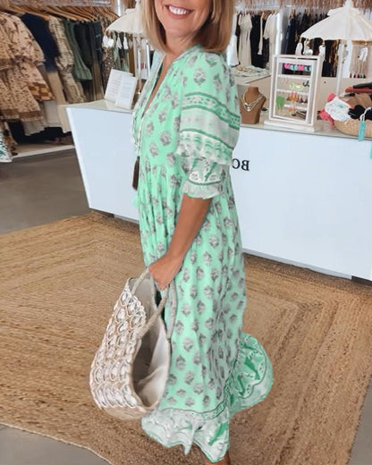 Mint green floral maxi dress with three-quarter sleeves and tiered ruffle hem