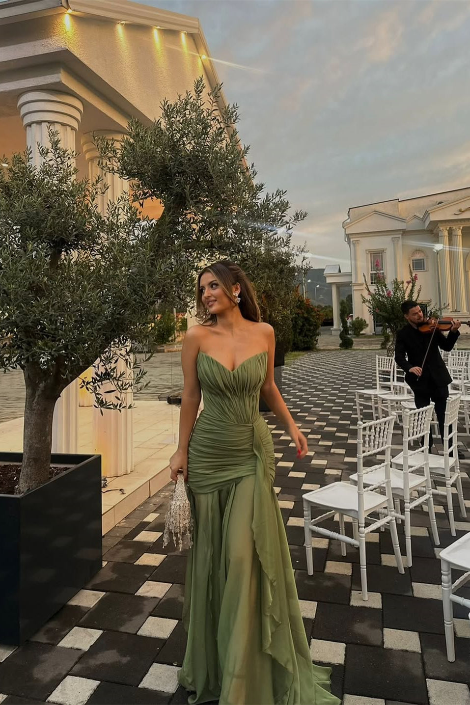 Rosamund Ruched Chiffon Gown - Moss Green