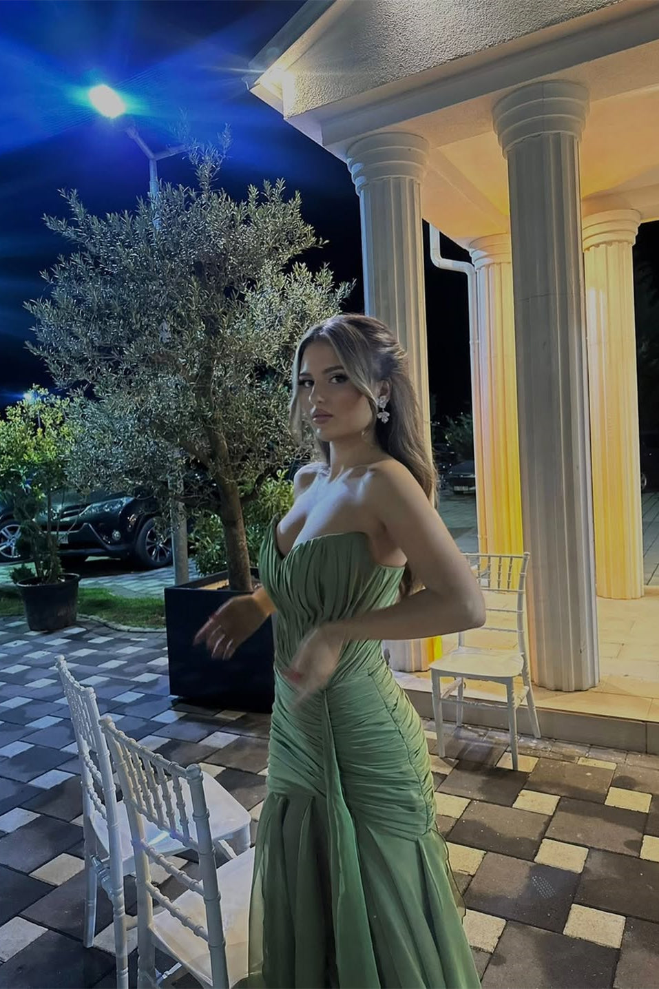 Rosamund Ruched Chiffon Gown - Moss Green