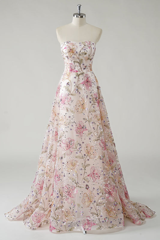 Rosanna Strapless Sequin Floral Gown - Ivory Floral