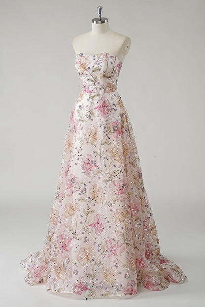 Rosanna Strapless Sequin Floral Gown - Ivory Floral