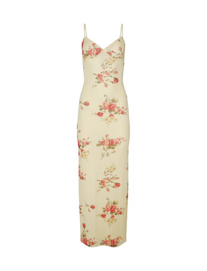Flat lay front view of cream floral maxi dress on white background
