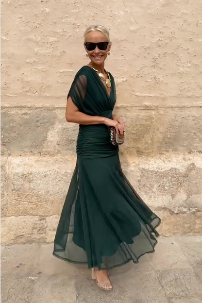 Forest green draped maxi dress full-length front view with soft draping
