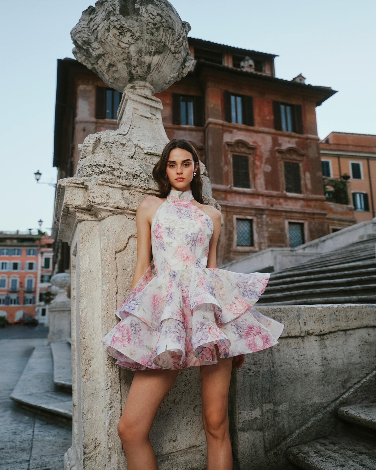 Floral halter ruffle mini dress in pink and purple on cream