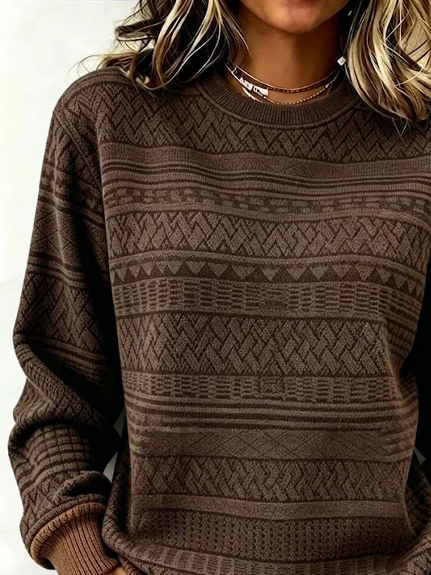 Rosita Geometric Print Crew Neck Pullover Top - Chocolate Brown