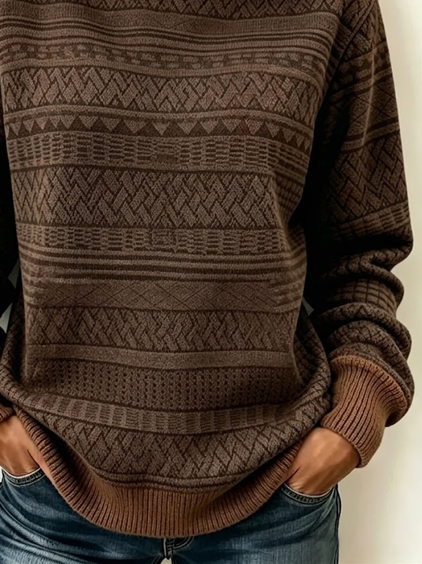 Rosita Geometric Print Crew Neck Pullover Top - Chocolate Brown
