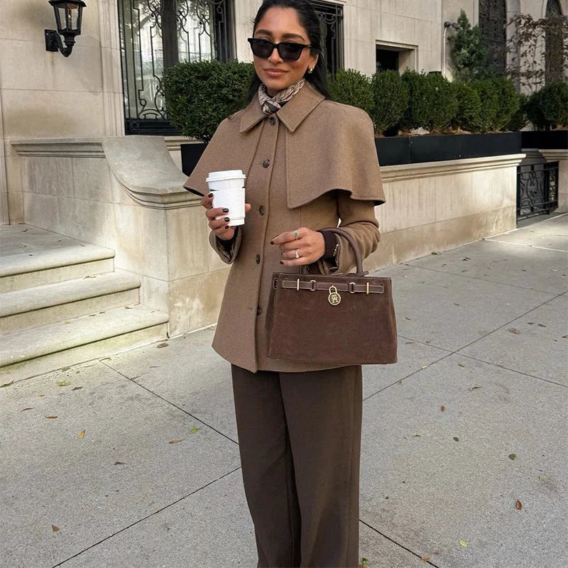 Roxelle Cape Overlay Fitted Coat - Camel