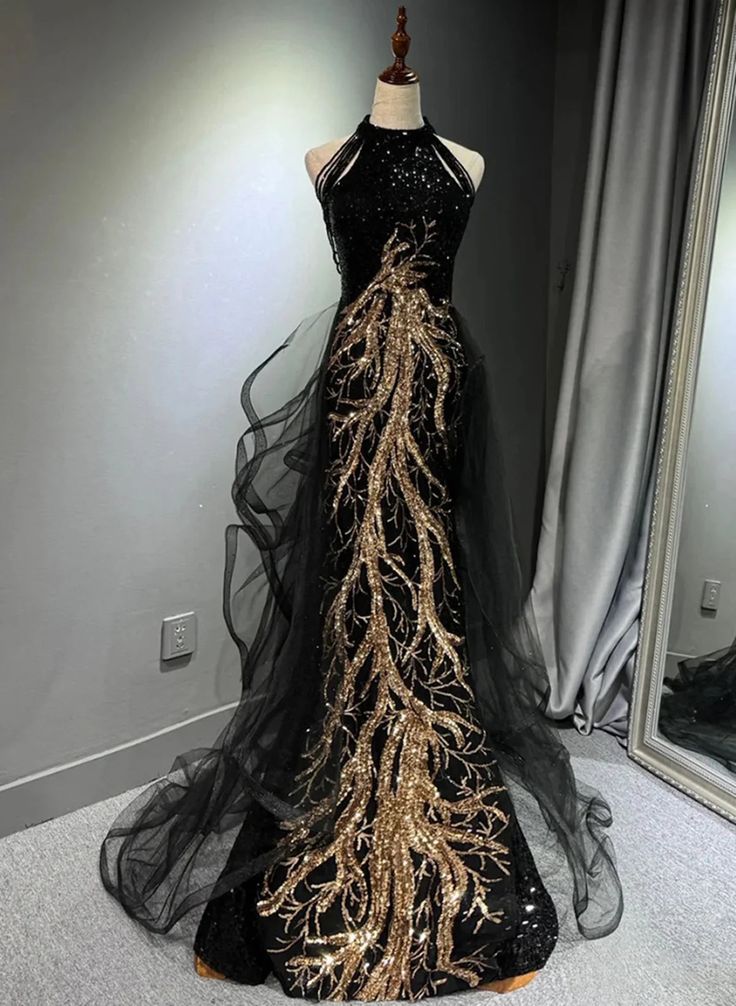 Rozalia Embellished Halter Mermaid Gown - Black and Gold