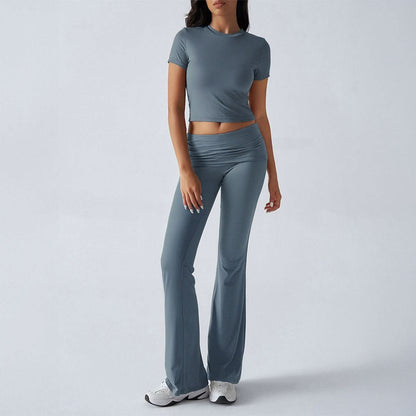 Slate blue ruched lounge set with short sleeves and gathered waist flare pants