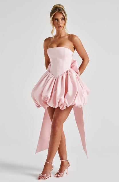 Ryla Strapless Bow Back Bubble Mini Dress - Blush Pink