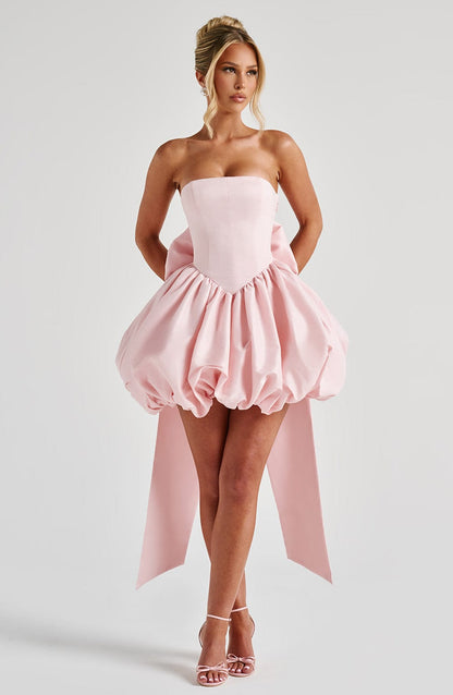 Ryla Strapless Bow Back Bubble Mini Dress - Blush Pink