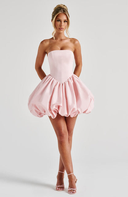 Ryla Strapless Bow Back Bubble Mini Dress - Blush Pink