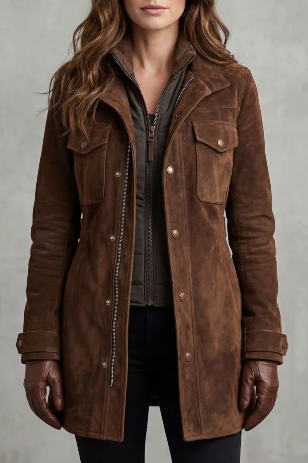 Sabrina Suede Zip Front Utility Button Jacket
