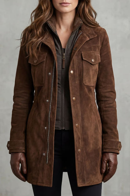 Sabrina Suede Zip Front Utility Button Jacket
