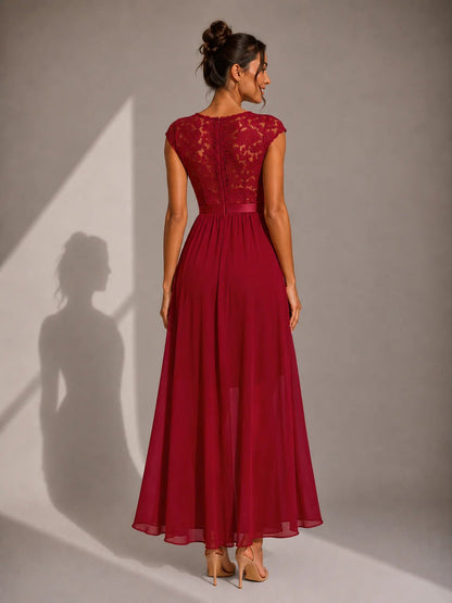 Sabrine Lace Bodice High Low Maxi Dress - Burgundy