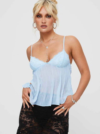 Light blue lace cami with pleated fabric and sweetheart bust