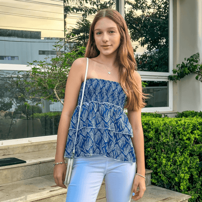 Navy fern print strapless ruffle top with tiered layers