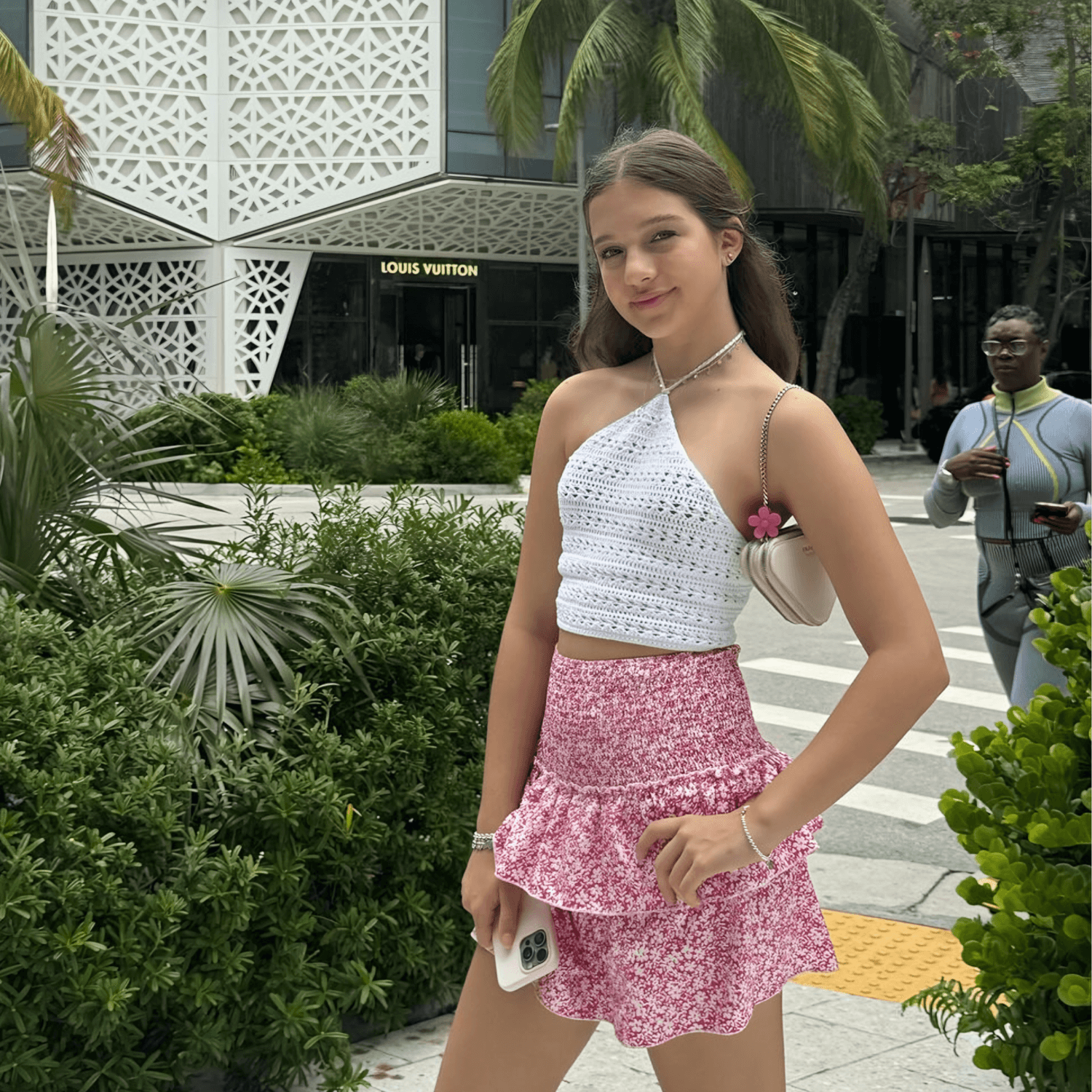 Navy fern print strapless ruffle top with tiered layers