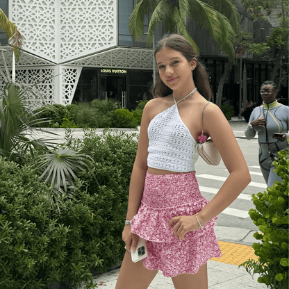 Navy fern print strapless ruffle top with tiered layers