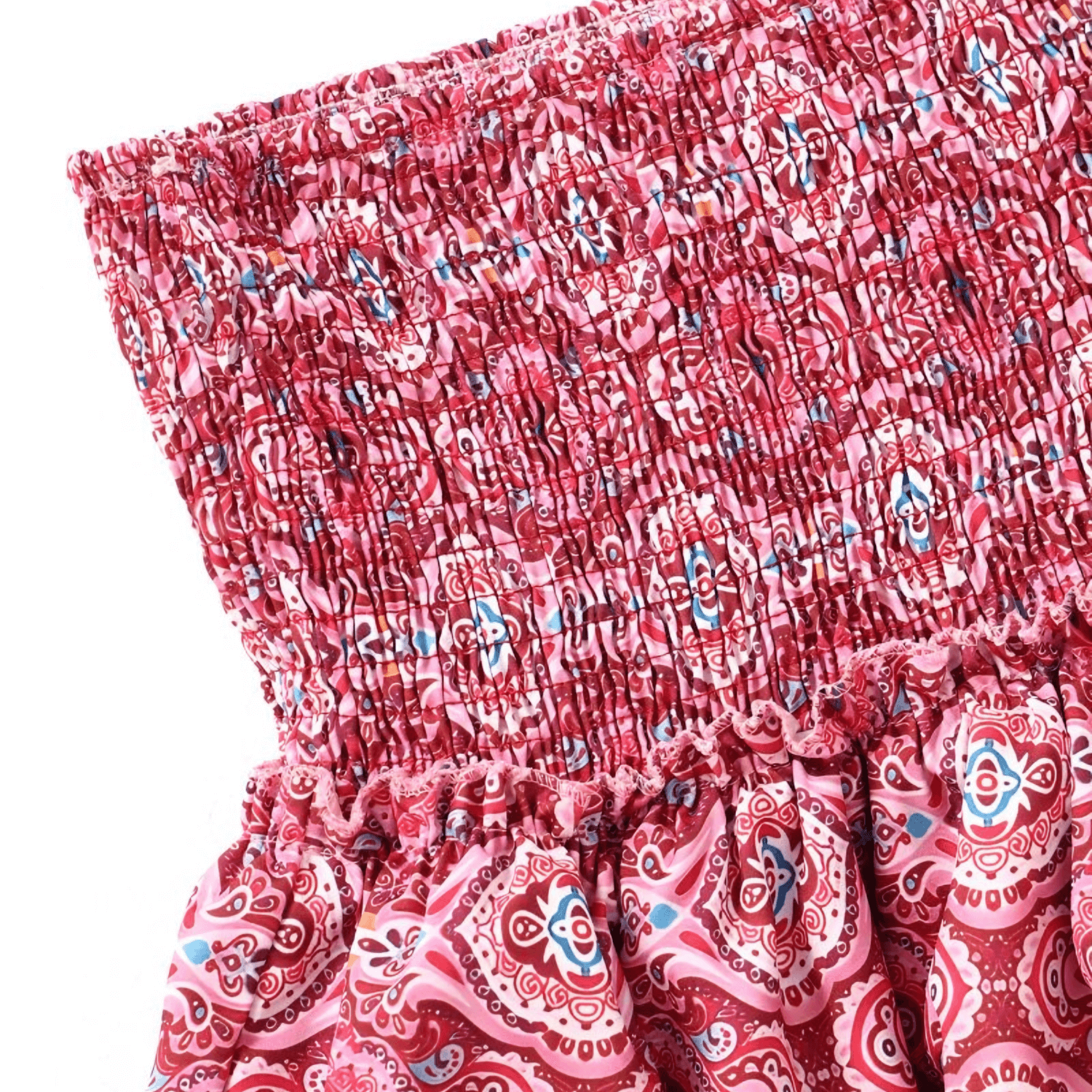 Pink and red ornate damask print ruffle mini skirt detail