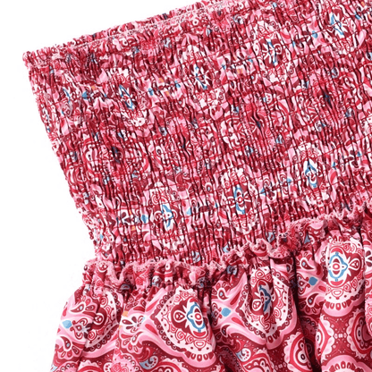 Pink and red ornate damask print ruffle mini skirt detail