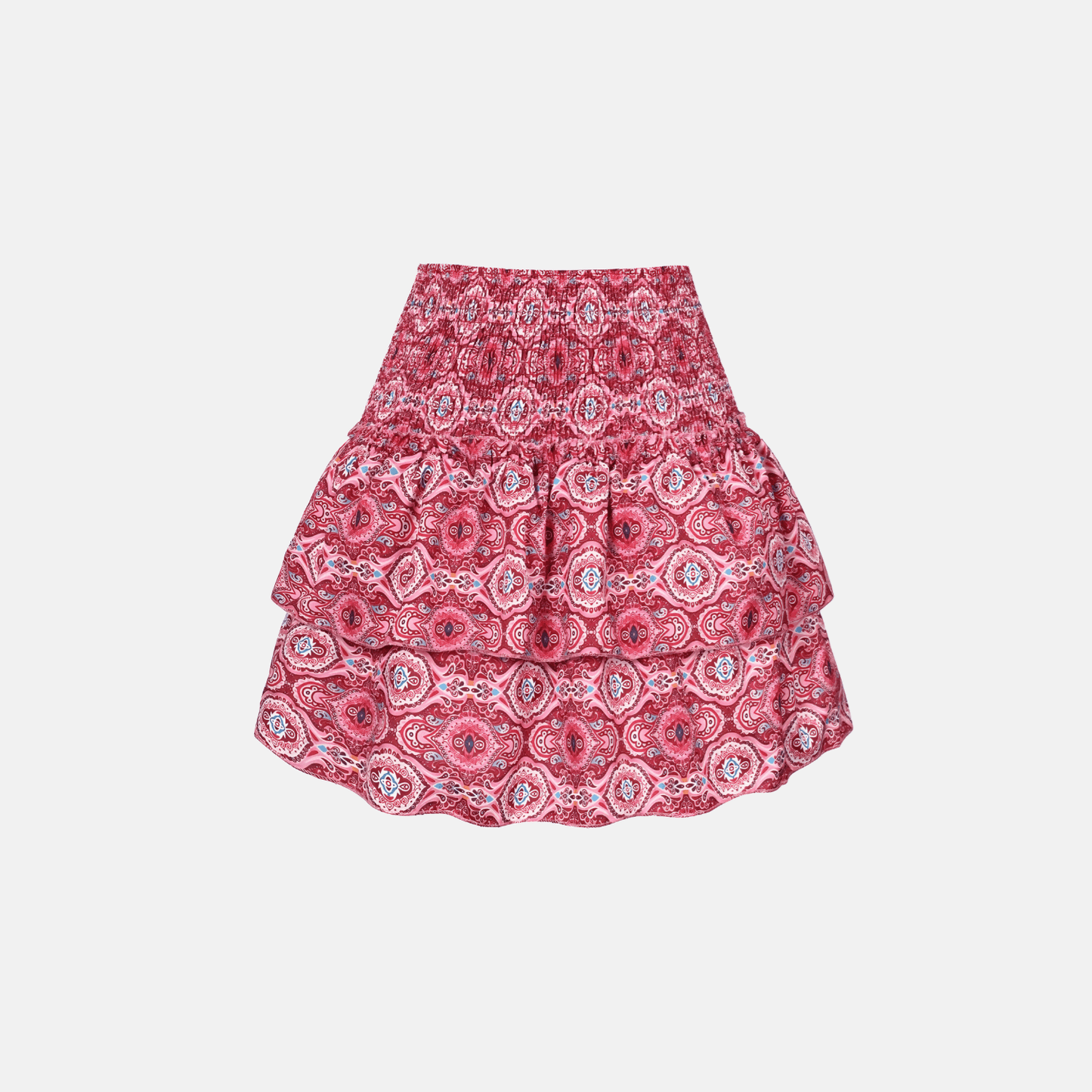 Pink damask print tiered ruffle mini skirt with scalloped hem