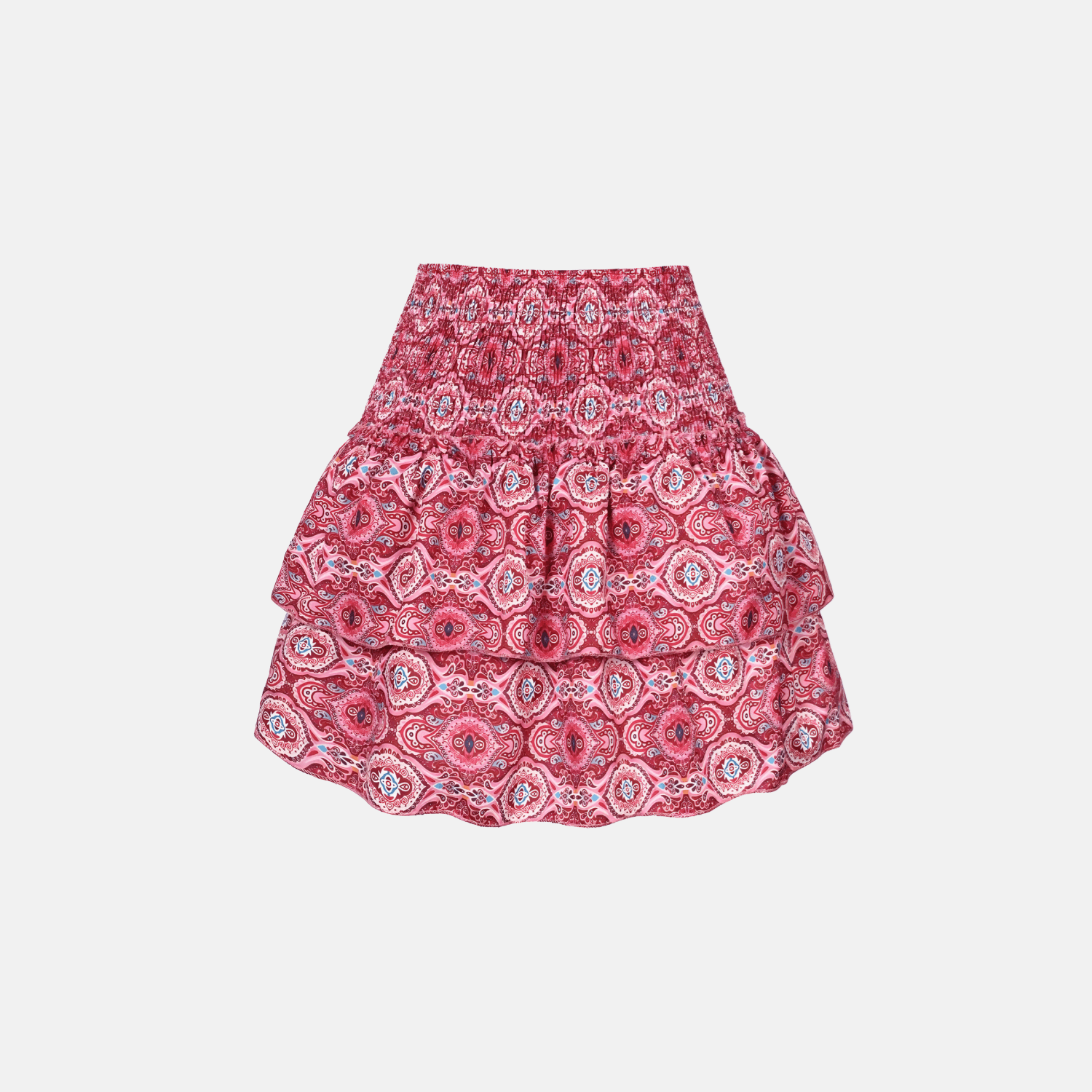 Pink damask print tiered ruffle mini skirt with scalloped hem
