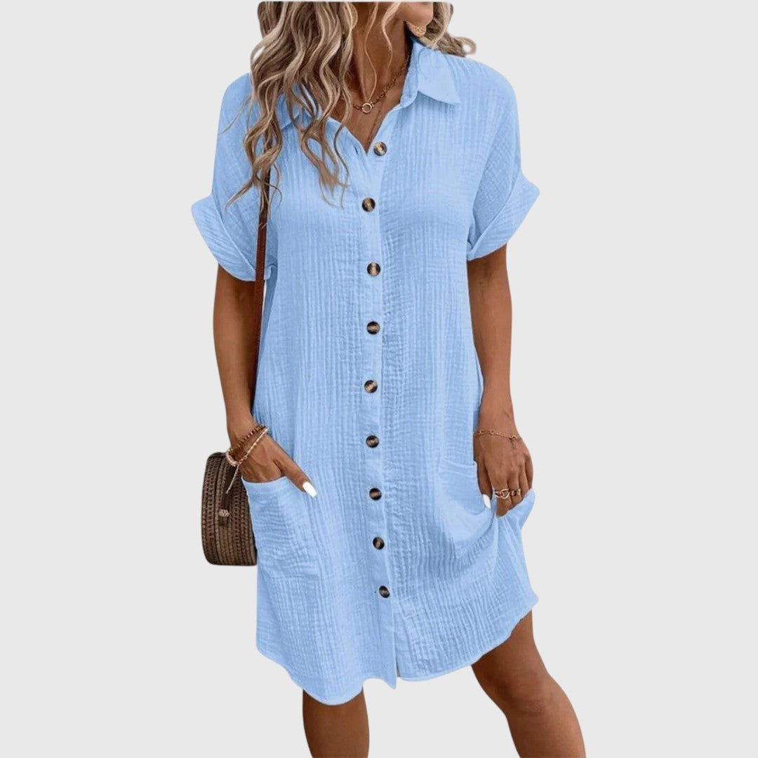 Sanne Cuffed Sleeve Shirt Mini Dress - Sky Blue