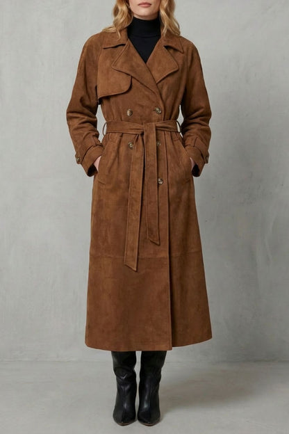 Savannah Suede Double Breasted Belted Trench Coat