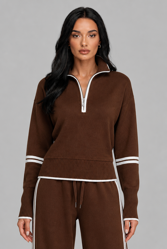 Saylor Half-Zip Striped Lounge Set - Brown