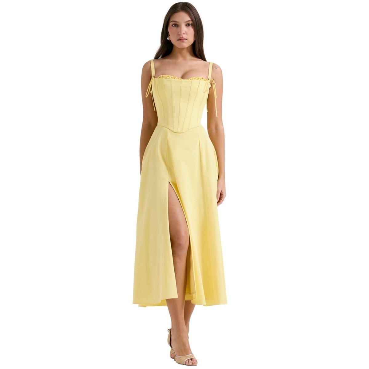 Light yellow corset midi dress with spaghetti straps and high slit skirt