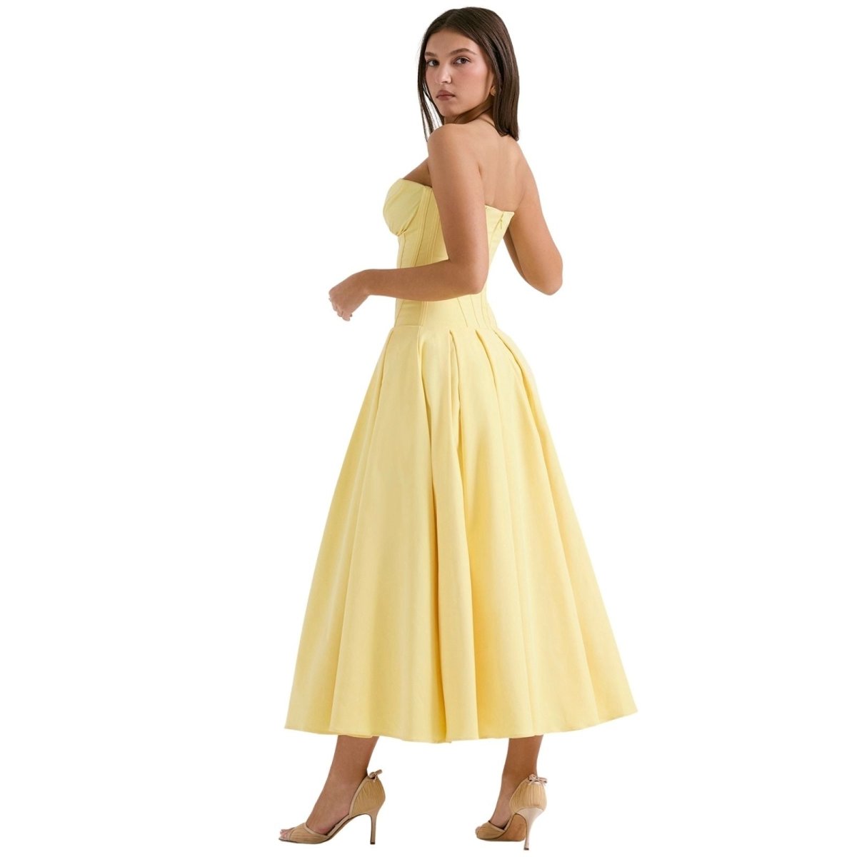 Yellow strapless corset midi dress with pleated skirt, back view